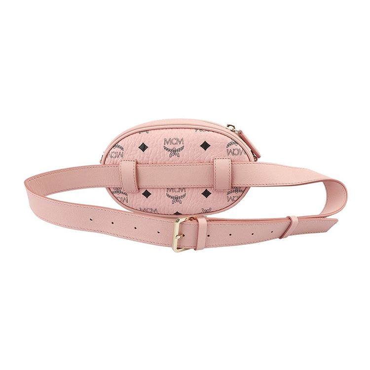 MCM Pink Visetos Leather Oval Crossbody Camera Bag with Silver Hardware for Daily Use