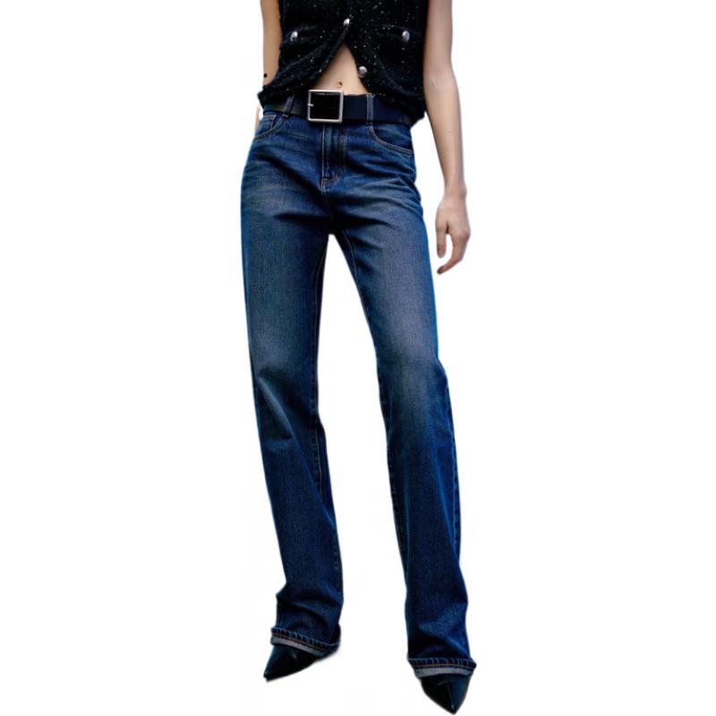 

MO&Co. Women s Turkish Cotton Mid-Rise Straight Wide-Leg Dark Blue Jeans XS 25