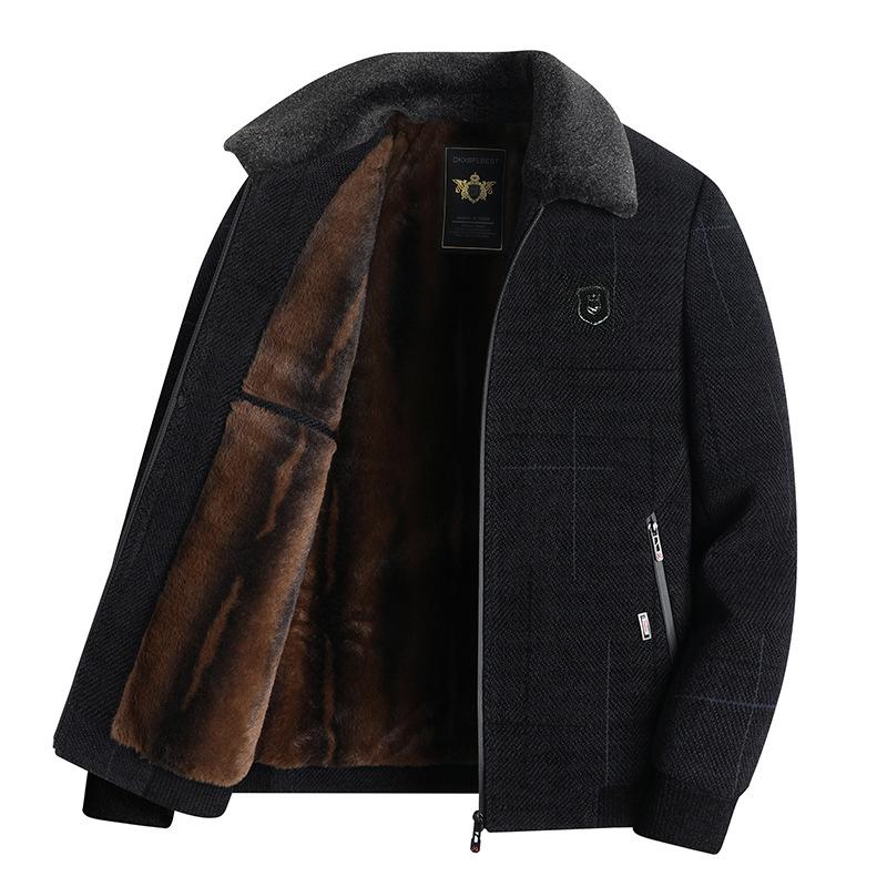 Men's Fall/Winter Business Casual Fleece-Lined Stand Collar Jacket Slim-Fit Outerwear for Middle-Aged and Elderly Men