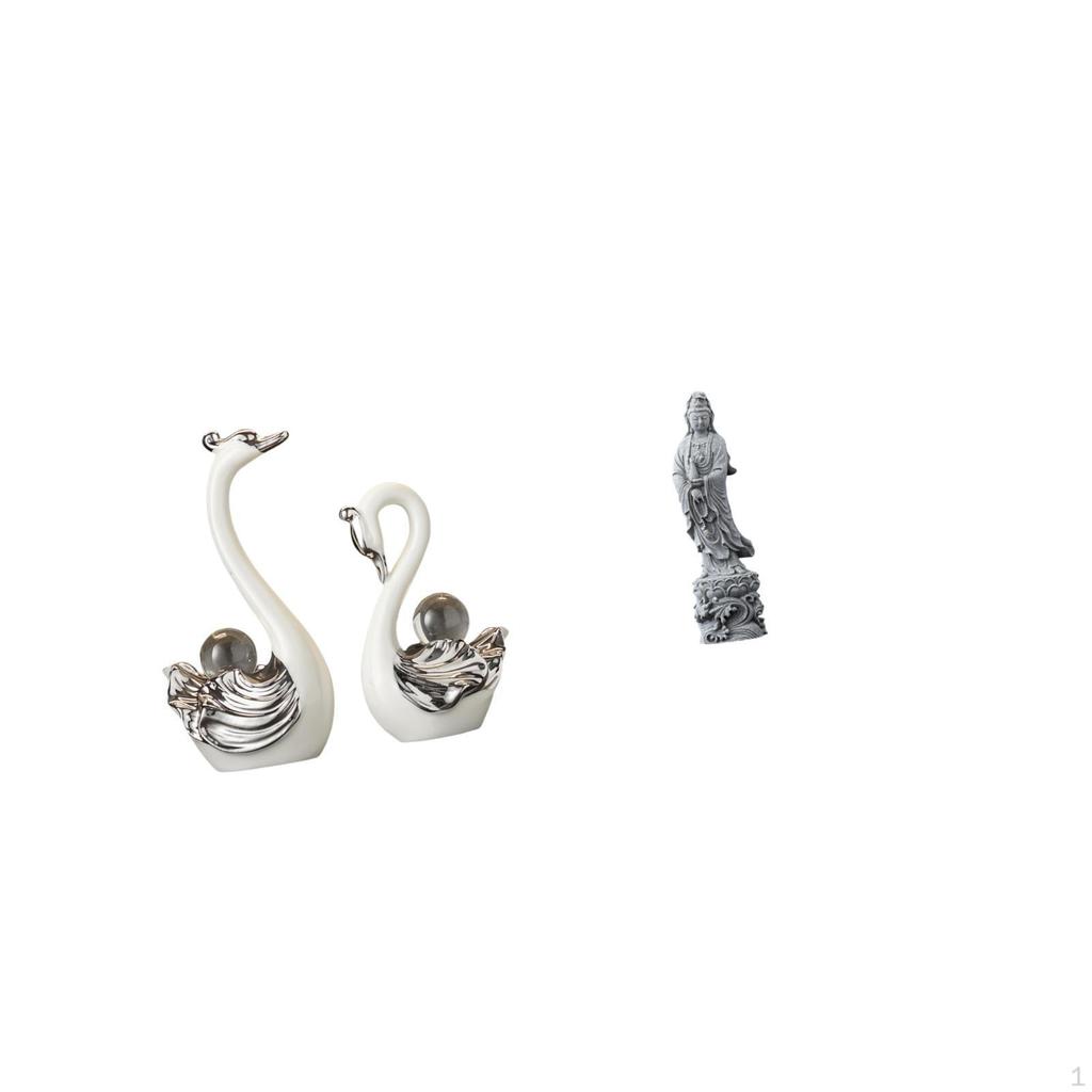 Porcelain Swan Figurine And Guan Yin Stone Statue Collection for Living Room Bedroom Desktop