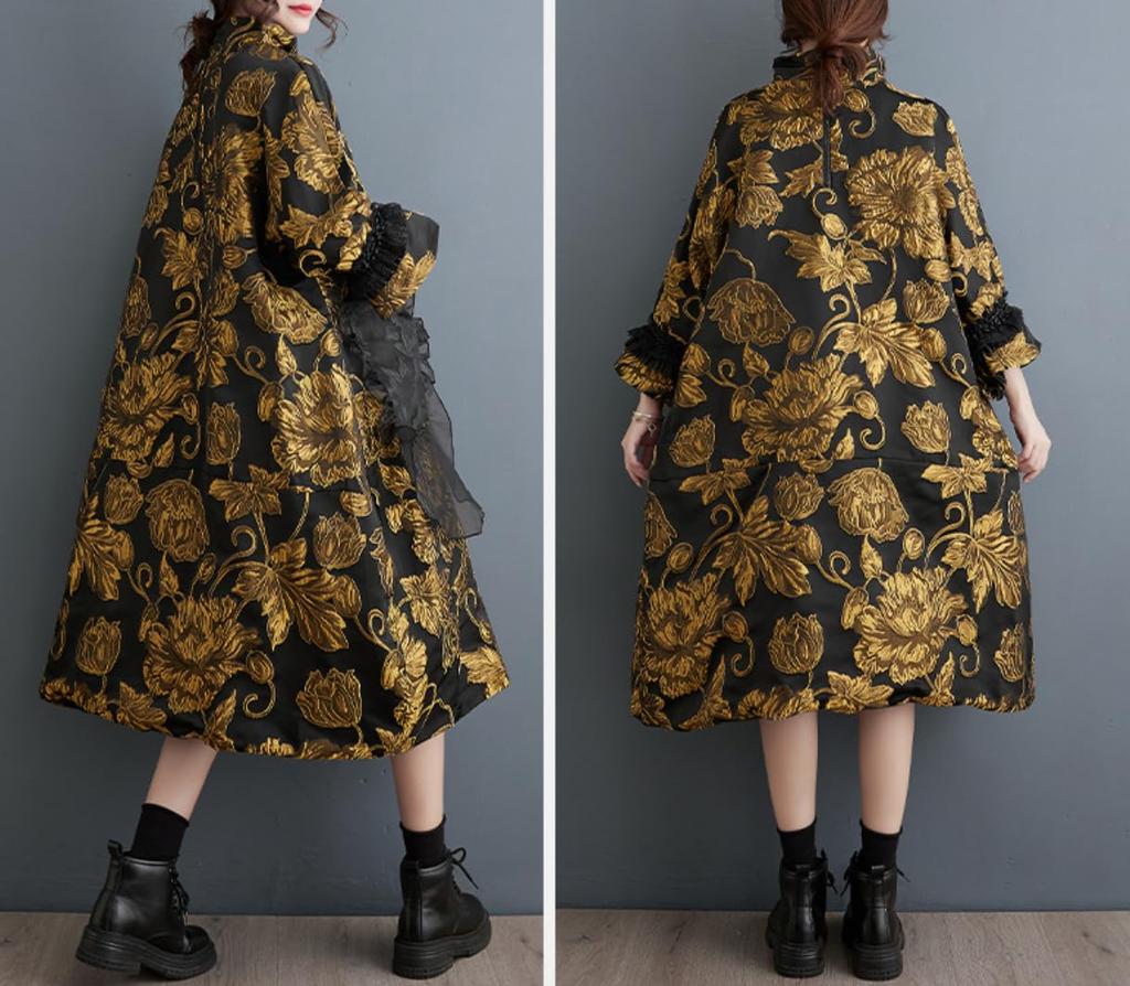 Lady A Jacquard Dress with Gold Embroidery and In Lazy Trendy, 5/8-sleeve, High-neck, Knee-length Black.
