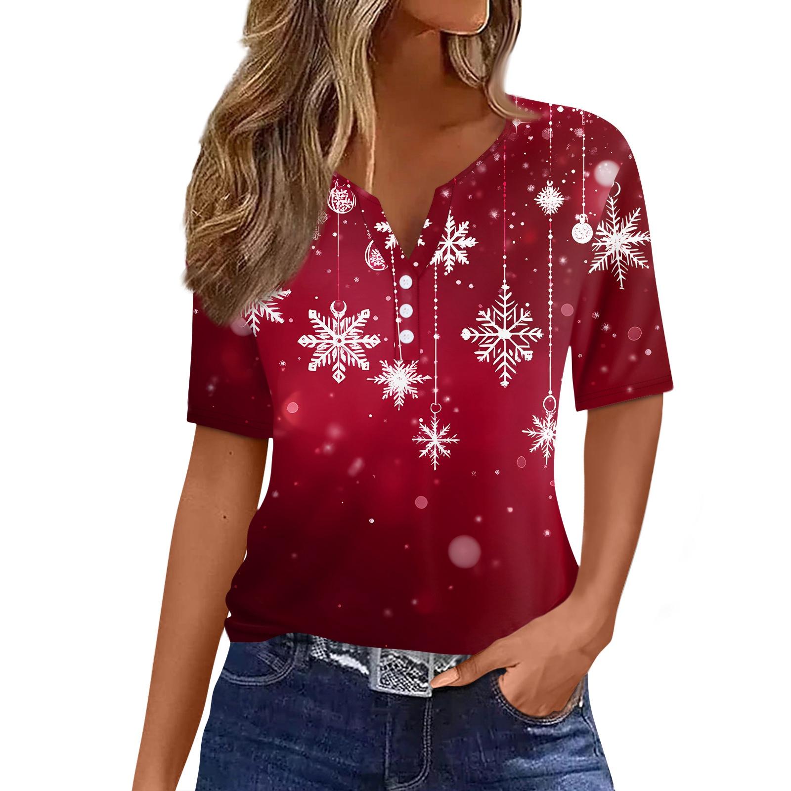 

Женская футболка с рождественским принтом, на пуговицах, с коротким рукавом, повседневная, для выходных, модная, базовая, с V-образным вырезом, обычная M