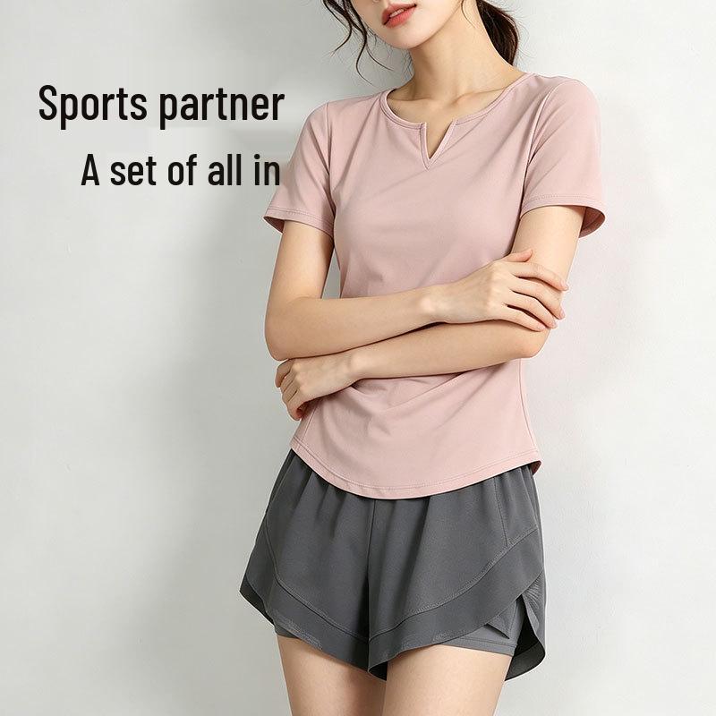 Women's Plus Size Quick-Dry Summer Fitness Set: V-Neck Short Sleeve Top for Running, Pilates, Yoga, and Training