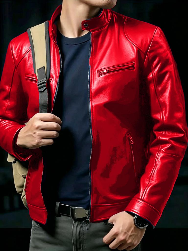 New men's slim-fit PU leather jacket stand-up collar locomotive jacket spring and autumn fashion trendy coat