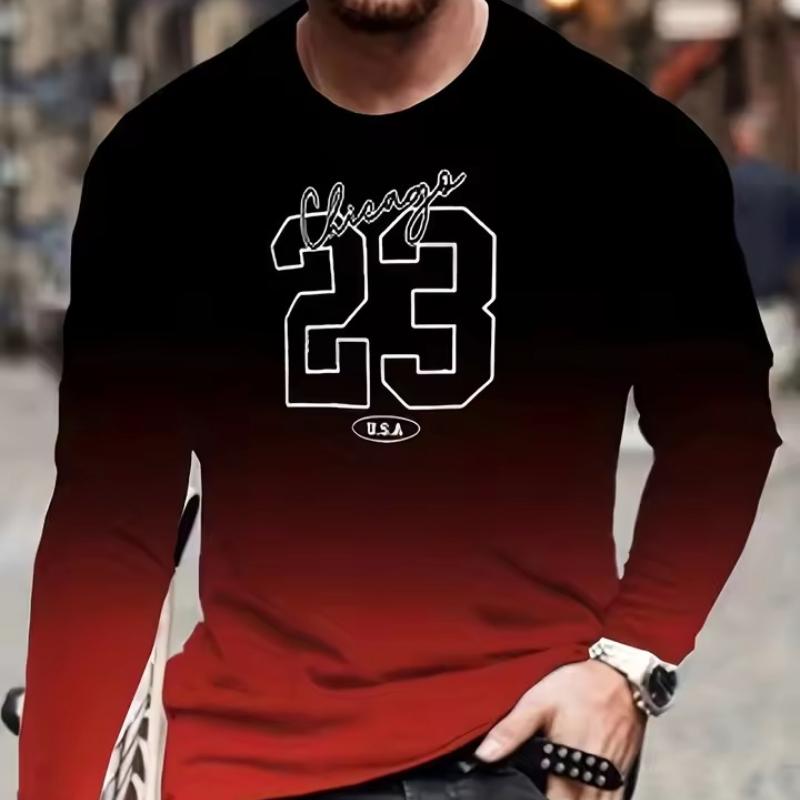 

Мужская футболка с длинными рукавами и градиентным рисунком, повседневный и спортивный топ с круглым вырезом, подходит для весны и осени S красный