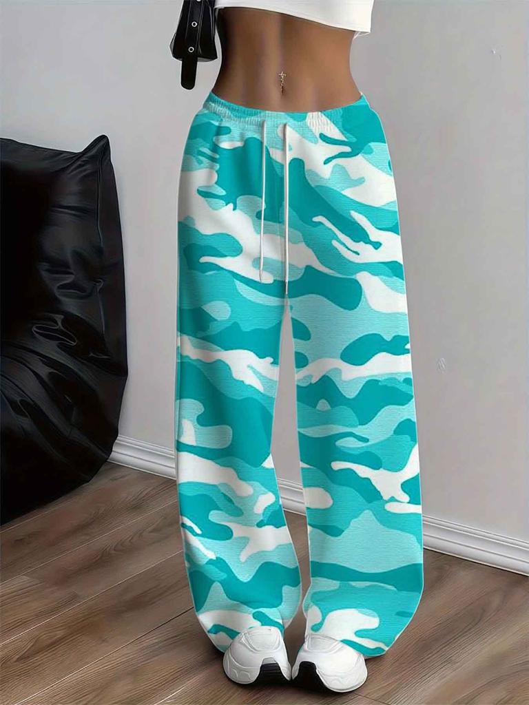 Women's Plus Size Turquoise and White Camo Print Wide Leg Pants