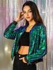 Allegra K Women's Sequined Stadium Jacket, Long Sleeve, Zipper Detail, Short Length, Green, Size S