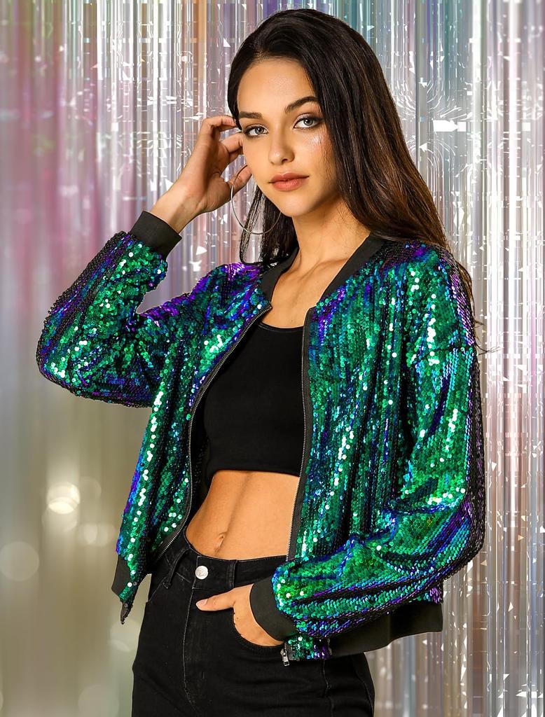 Allegra K Women's Sequined Stadium Jacket, Long Sleeve, Zipper Detail, Short Length, Green, Size S