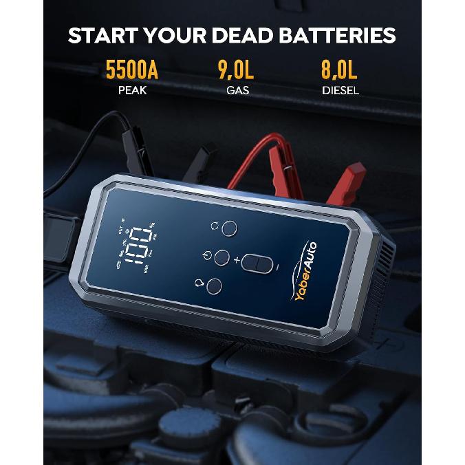 YaberAuto 9-в-1 Пусковое устройство с компрессором 5500А 150PSI Портативное пусковое устройство для автомобильного аккумулятора (9 л Бензин/8 л Дизель), 12-вольтовый пуско-зарядное устройство для автомобильного аккумулятора