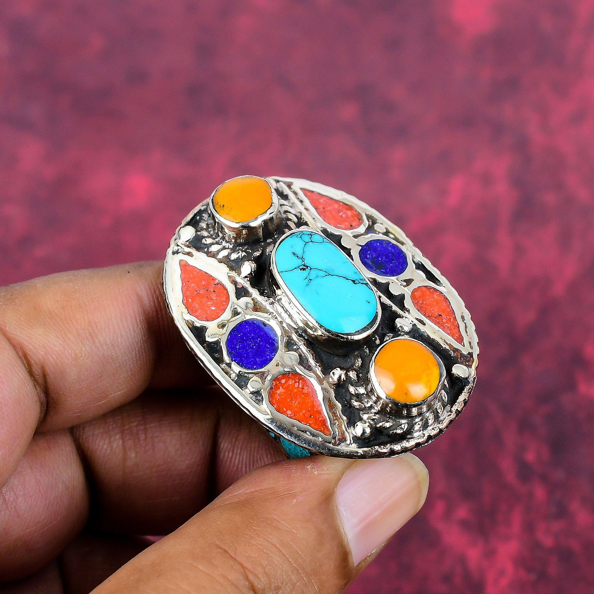 

Turquoise, Coral & Lapis Lazuli Sterling Silver Nepali Ring, Handmade Gemstone Ring Jewelry, Brand New Adjustable Ring
