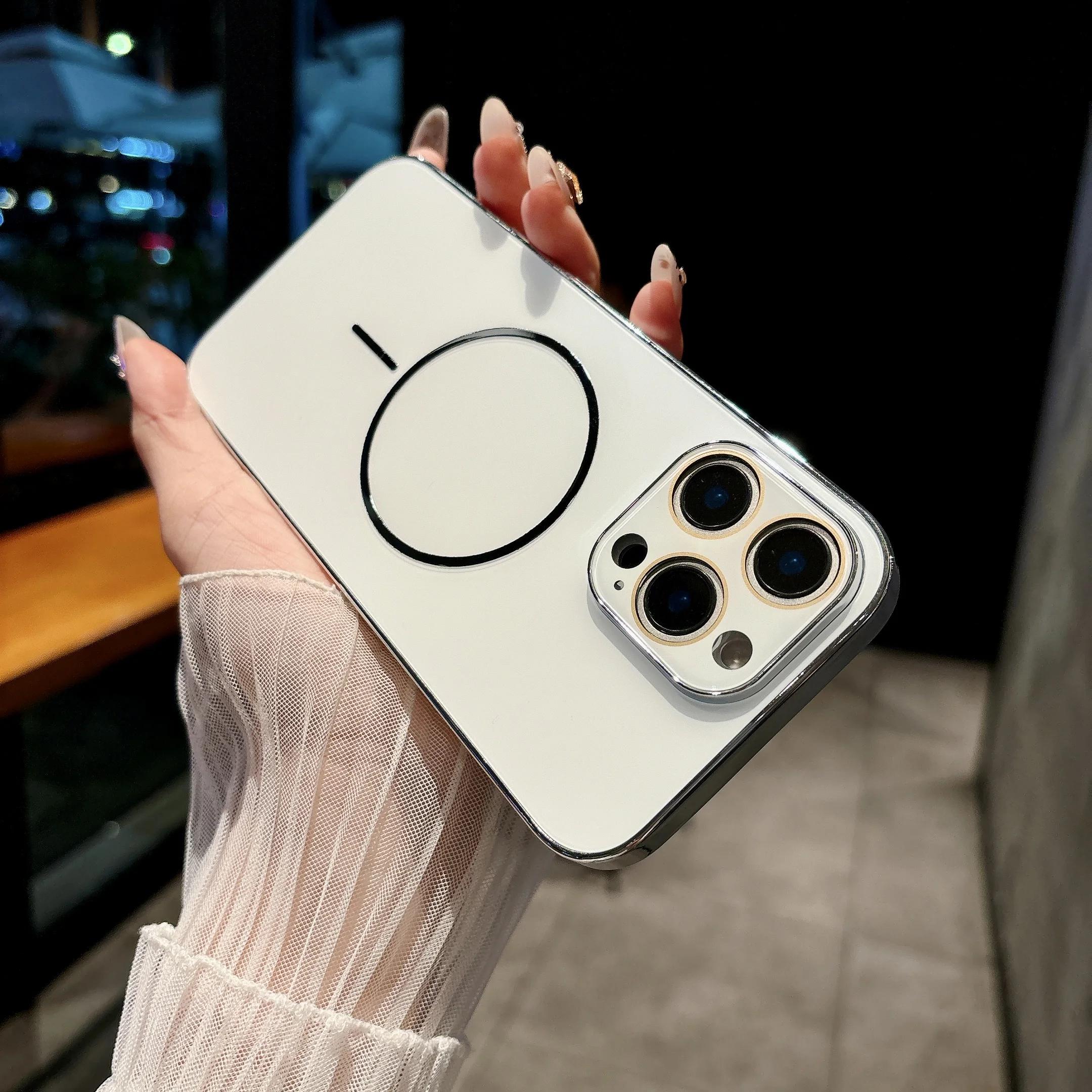 

Plating Magnetic Frosted Lens Glass Cover for IPhone 16 15 14 11 12 13 Pro Max Phone Case for Magsafe Wireless Charge Protective iPhone 15 белый