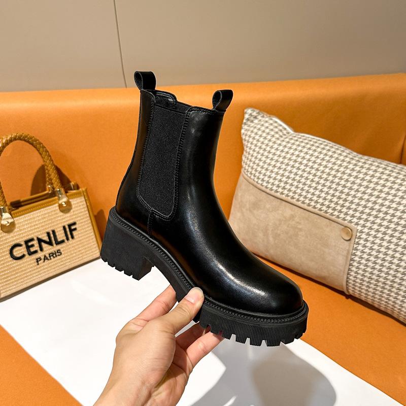 New Chelsea Short Boots Women's British Short Single Boots Round Martin Boots Heightened Thick-soled Cigarette Boots