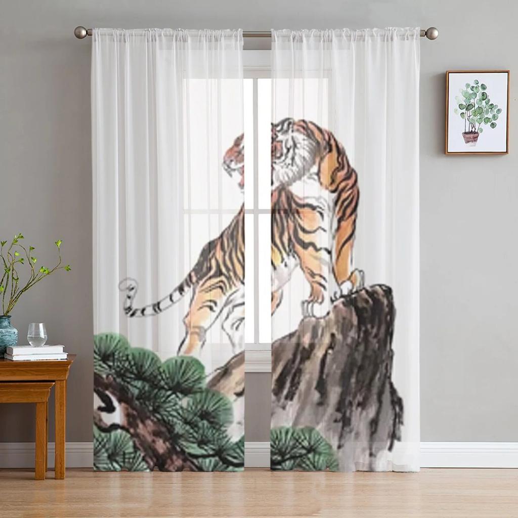 Transparente Vorhänge aus Chiffon mit Tiger, der auf einem Felsen steht, für Wohnzimmer, Schlafzimmer, Dekoration, Fenster, Tüllvorhänge