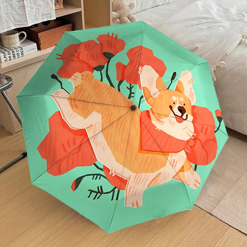 1pc Corgi, Flowers Automatic Folding Umbrella - Portable Collapsible Design, 8-Rib Iron Frame, Casual Outdoor Accessory Yy251215211