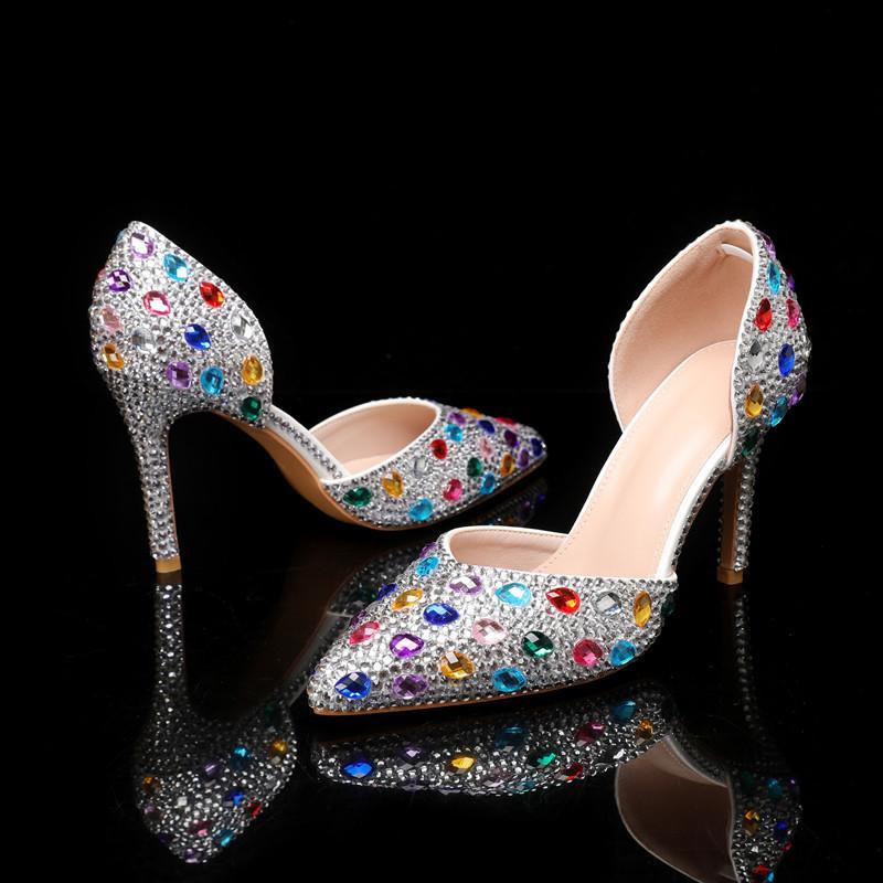 Fashion Bling Luxury Handmade Full Rhinestones Women Pumps Elegant Pointed Toe Colorful Crystal High Heels Fashion Party Bridal Shoes