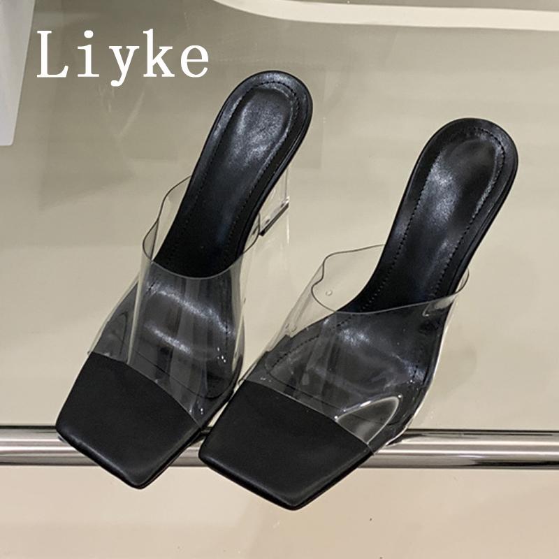 Fashion Liyke Street Style Square Toe Transparent Slippers For Women Mules Slides Summer Clear High Heels Wedges Shoes Sandalias Mujer