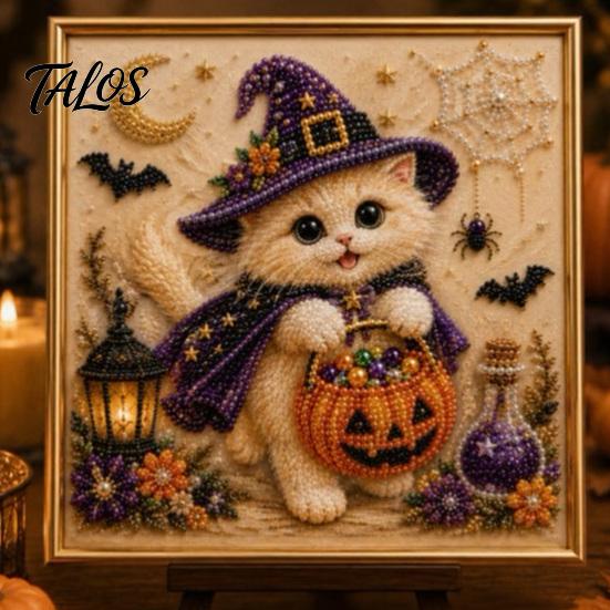 Creative Gifts for Cat Lovers Halloween Witch Hat DIY 3D Pearl Painting Kit with Frame, Hand-Pasted Art Craft Adults, Relaxing Handcrafted Living Room