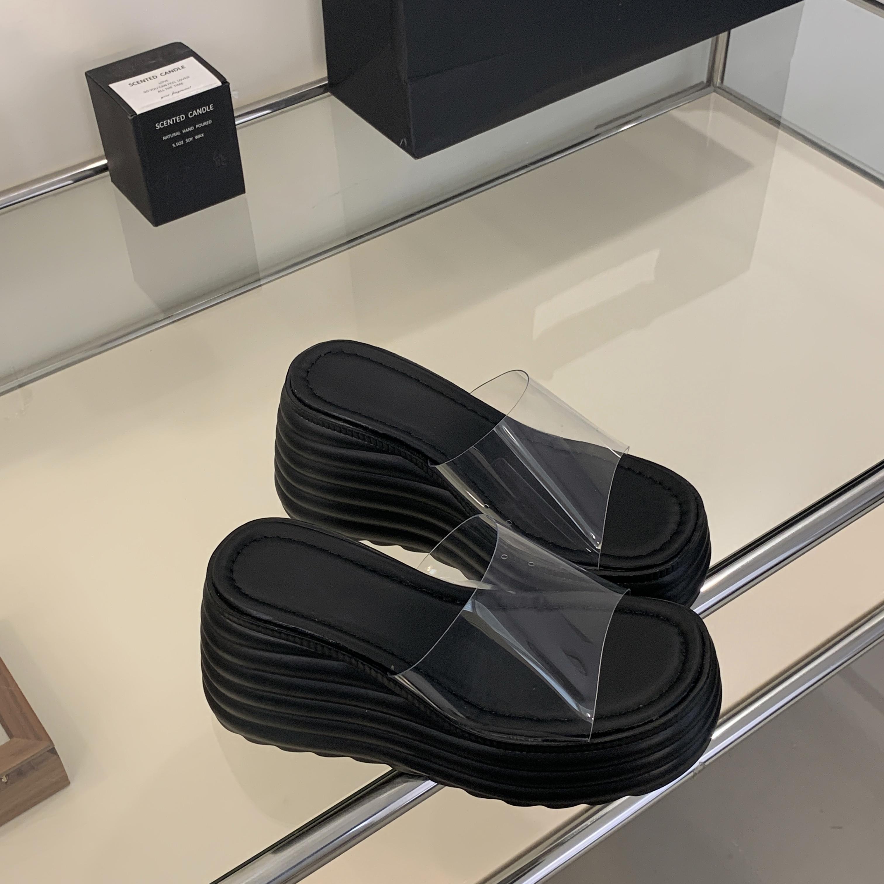 

Летние сексуальные высокие каблуки модные водонепроницаемые прозрачные удобные тапочки на толстой танкетке для женщин 35