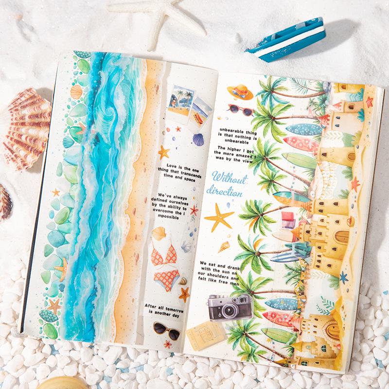 Midsummer Seaside Series PET Tape Set: 4 Styles, 2 Rolls of Seaside Scenery Stickers