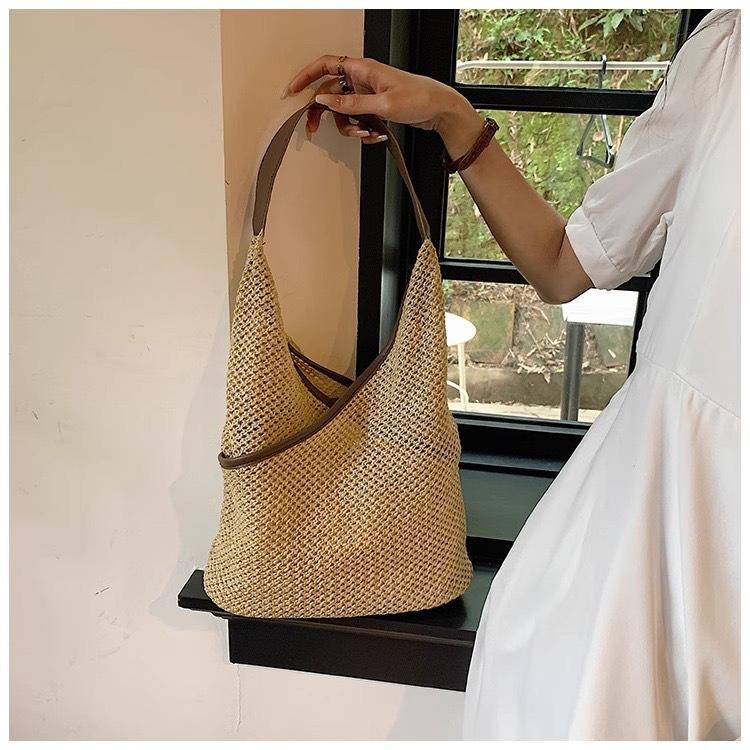 Straw bag women's literary shoulder new summer small fresh woven bucket bag