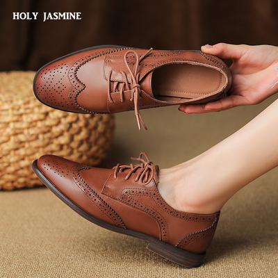 Mode Damen Oxford Niedriger Absatz 2025 Frühling Schuhe für Frau Echtes Leder Brogues Vintage Schnürschuhe Slipper Lässige Schwarz Braun Mädchenschuhe