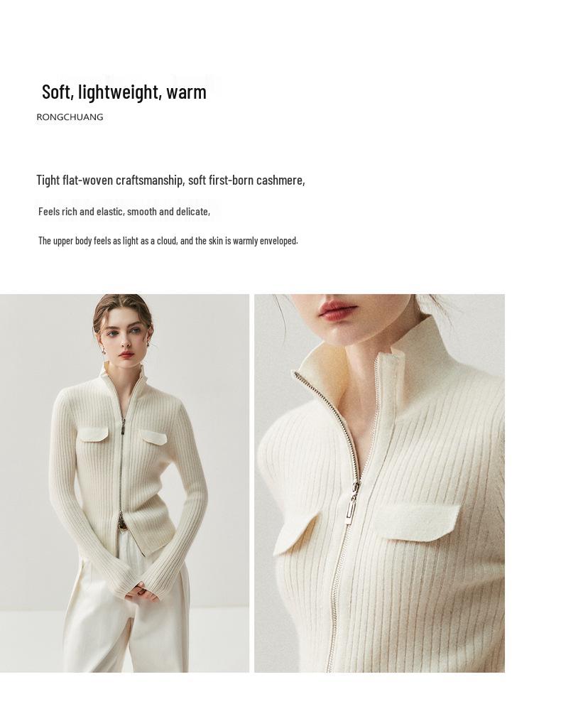 Women's Slim Fit Cashmere Cardigan with Double Zipper - Warm Lapel Knitwear for Autumn/Winter.