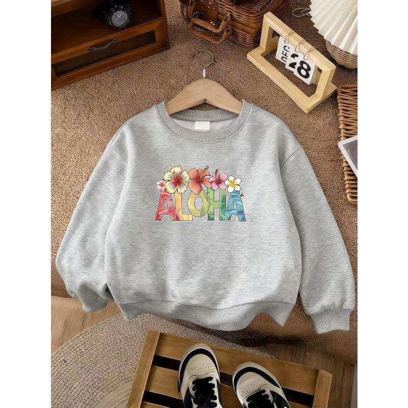 Moletom Preto Unissex Infantil com Gola Redonda, Pulôver de Manga Longa com Estampa Colorida de Flor de Hibisco Tropical Aloha, Moletom para Meninos Meninas Acima de 4 Anos