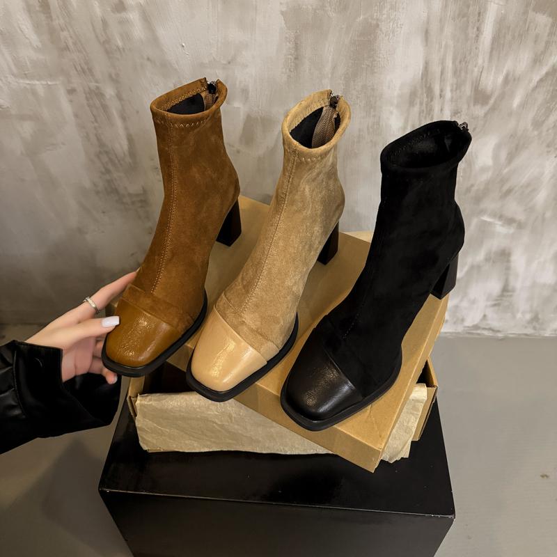 Square Toe High Heel Booties Women's Vintage Suede Paneled Autumn Winter Block Heel Stretch Skinny Boots