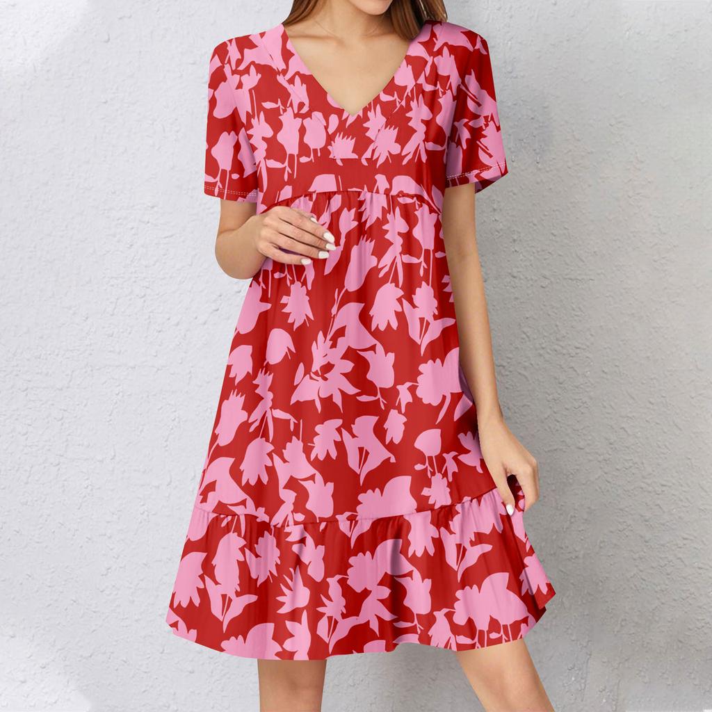 Womens Summer Dress Short Sleeve V Neck Short Dresses Fashion Casual Flowy Boho Ruffle A Line Swing Sundress