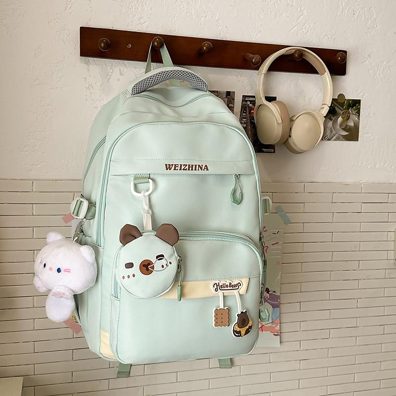 Color Solid Simple Letter Pattern Student Backpack With Decoration Pendant