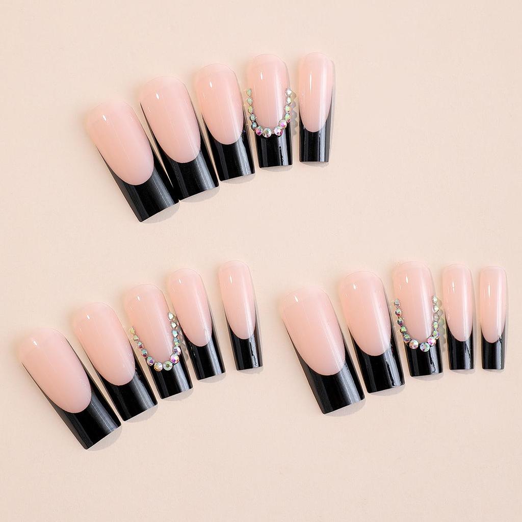 Black French Edge Extra Long Rhinestone Wearable Nail Tips with Removable Stickers