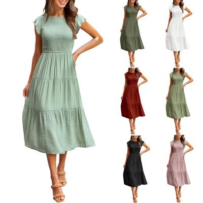 Mode Damen Freizeitkleid Mittellang Boho Schmetterlingsärmel A-Linie Langes Kleid