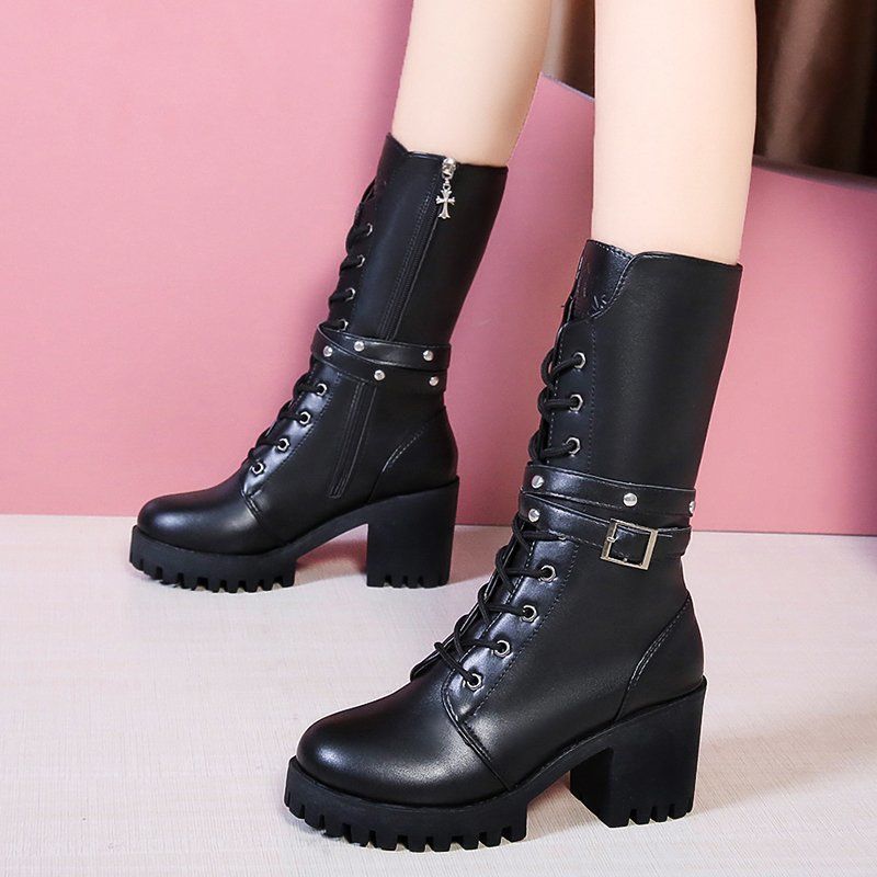 Fashion Lace-up Round Toe Women's Half High Boots Comfortable and Elegant Fashion 2025 Gothic Y2k on Promotion New Ladies Mid Calf Shoes