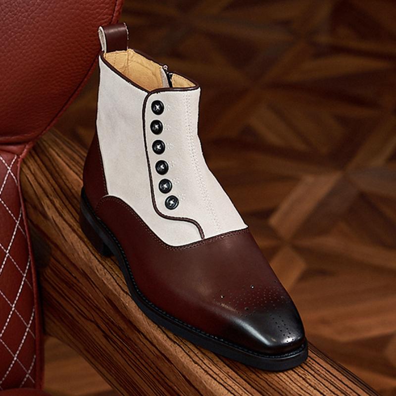 Vintage Handmade Men'S Chelsea Boots Suede Leather Carved Button Boots Square Toe Side Zippers High Top Shoes Gentlemen'S Style