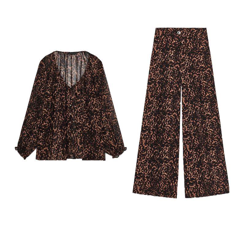 Animal Pattern Print Translucent Shirt 8792139 Animal Pattern Print Wide Leg Casual Trousers 8743148