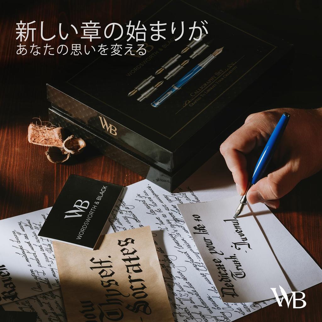 Wordsworth Schwarzer Kalligraphiestift, Geschenktinte, 6 Tinten, Tintennachfüllungen, 6 Ersatztinten, Premium-Stift mit glattem Schreibgefühl, Set, Flasche, Patronen, Konverter, Federn,