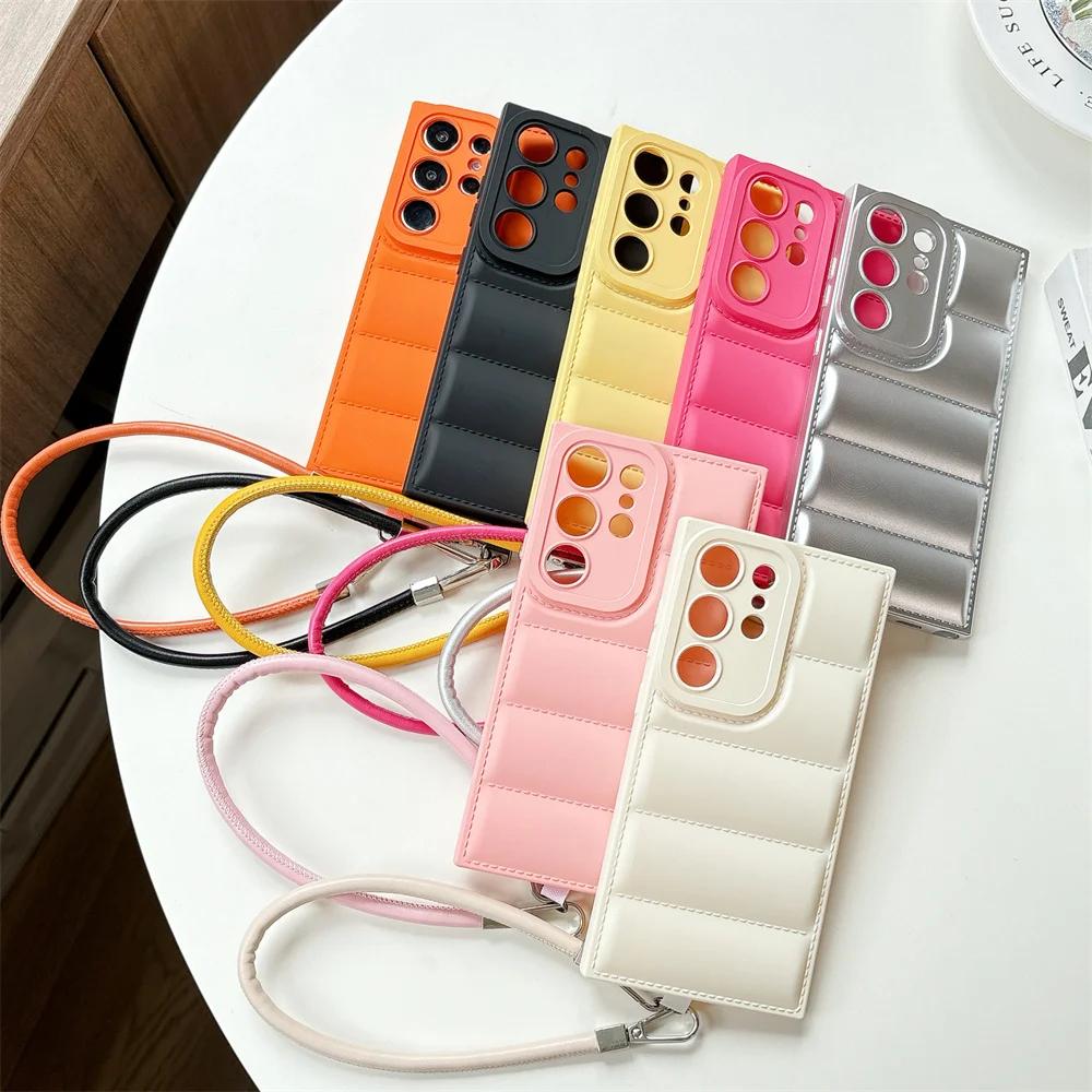 Down Jacket Style Wrist Strap Case For Samsung S25 Ultra S24 S23 S21 S20 FE S22 Plus + Note 20 A56 A55 A35 A26 A15 5G A06 A05S
