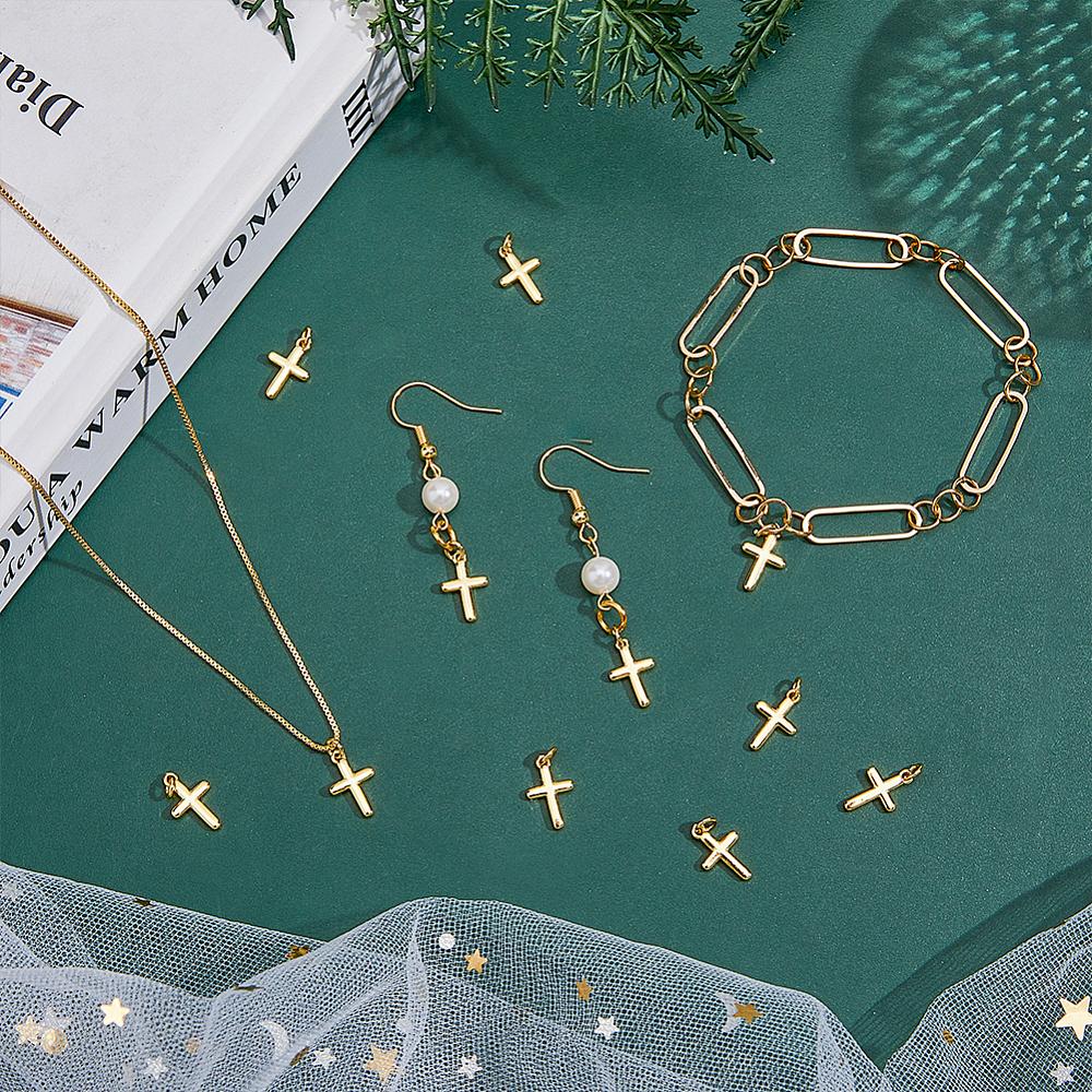 Brass Pendants, Cross, Real 18K Gold Plated, 13.5x8x1.5mm, Hole: 3.5mm, 16pcs/box