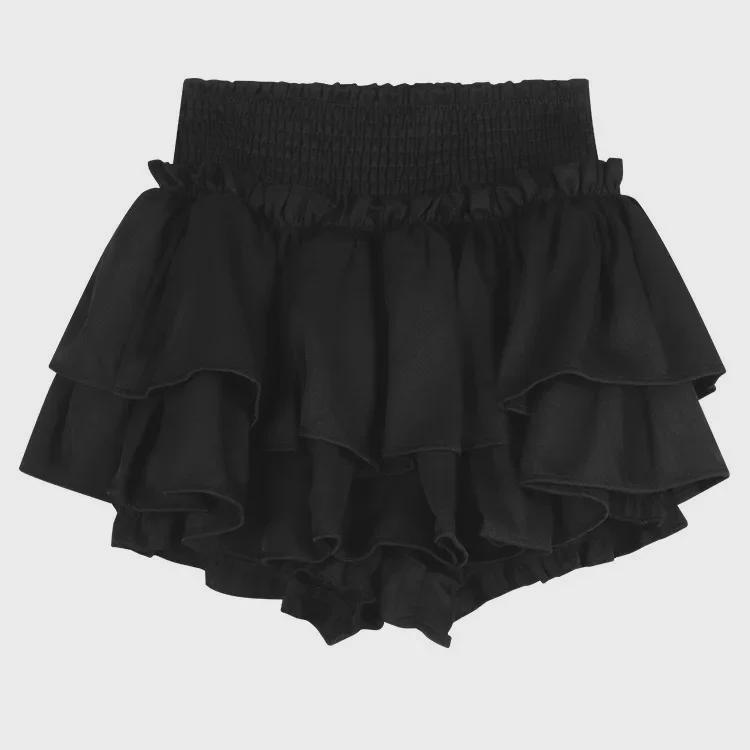 Women's Black High-Waist Pleated Ballet-Style A-Line Skirt with Anti-Exposure Shorts
