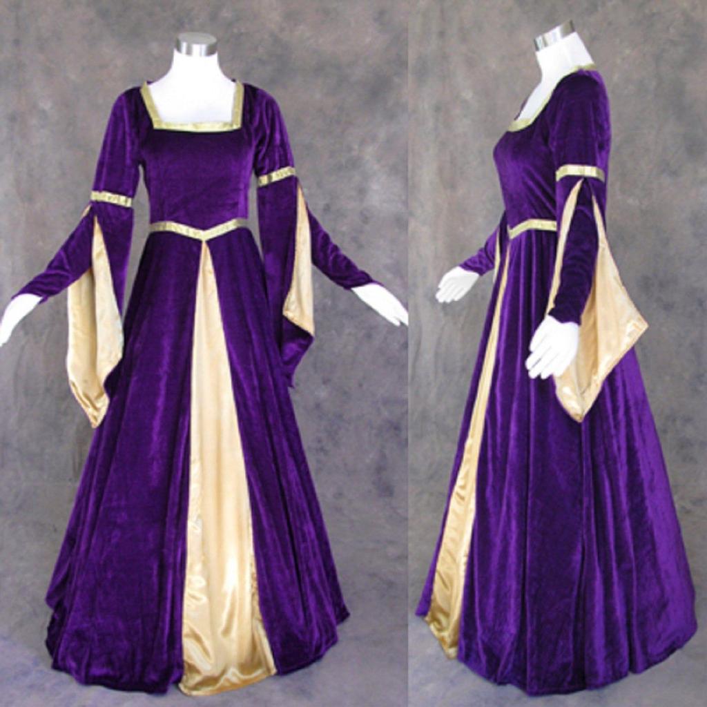 Women's Halloween Fashion Gold Velvet Vintage Leaf Sleeves Long Swing Dress