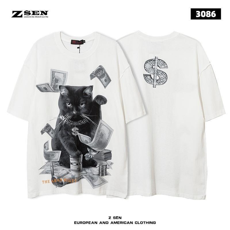High Street Originální Retro Pánské Tričko s Krátkým Rukávem Americké Trendy Značky Hip-hopová Tmavá Osobnostní Potisk Volné Bavlněné