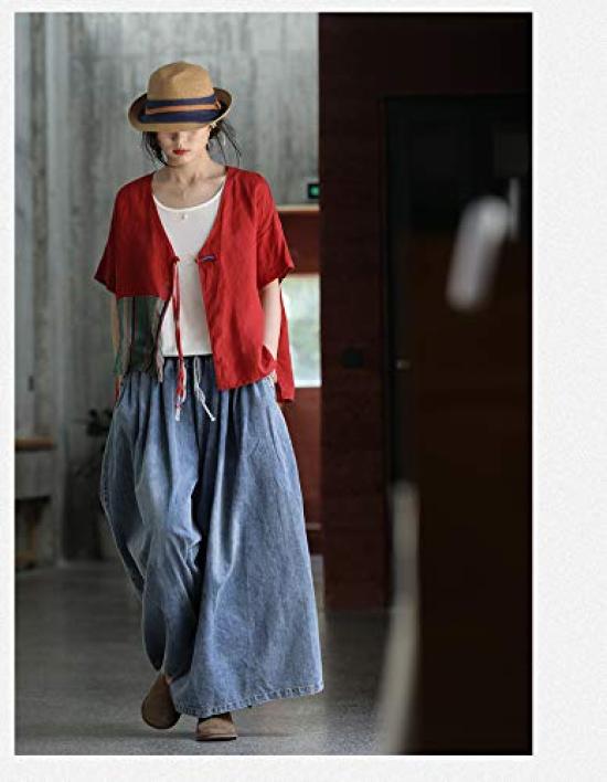 TRTRO Wide-Leg Denim Gaucho Pants Women One Size Blue