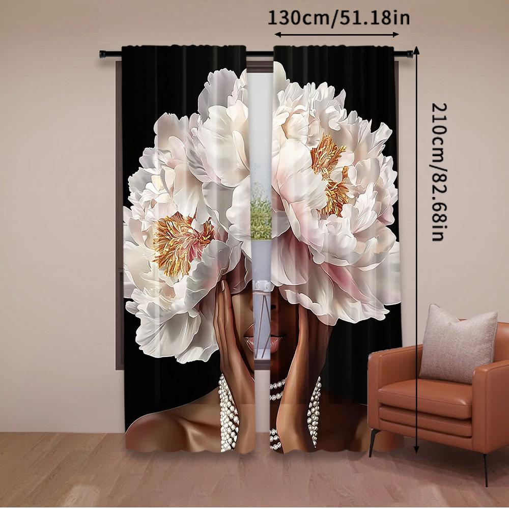 2Pcs African American Curtain Black Girl Pink Peony Floral Retro Rose Pearl Artwork Suitable For Bedroom Bathroom Living Room