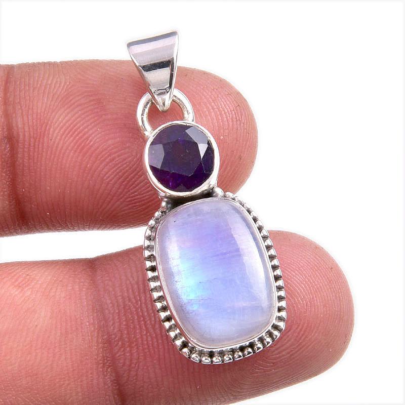 

Natural Rainbow Moonstone, Amethyst Gemstone 925 Solid Silver Pendant 1.50 R3W66