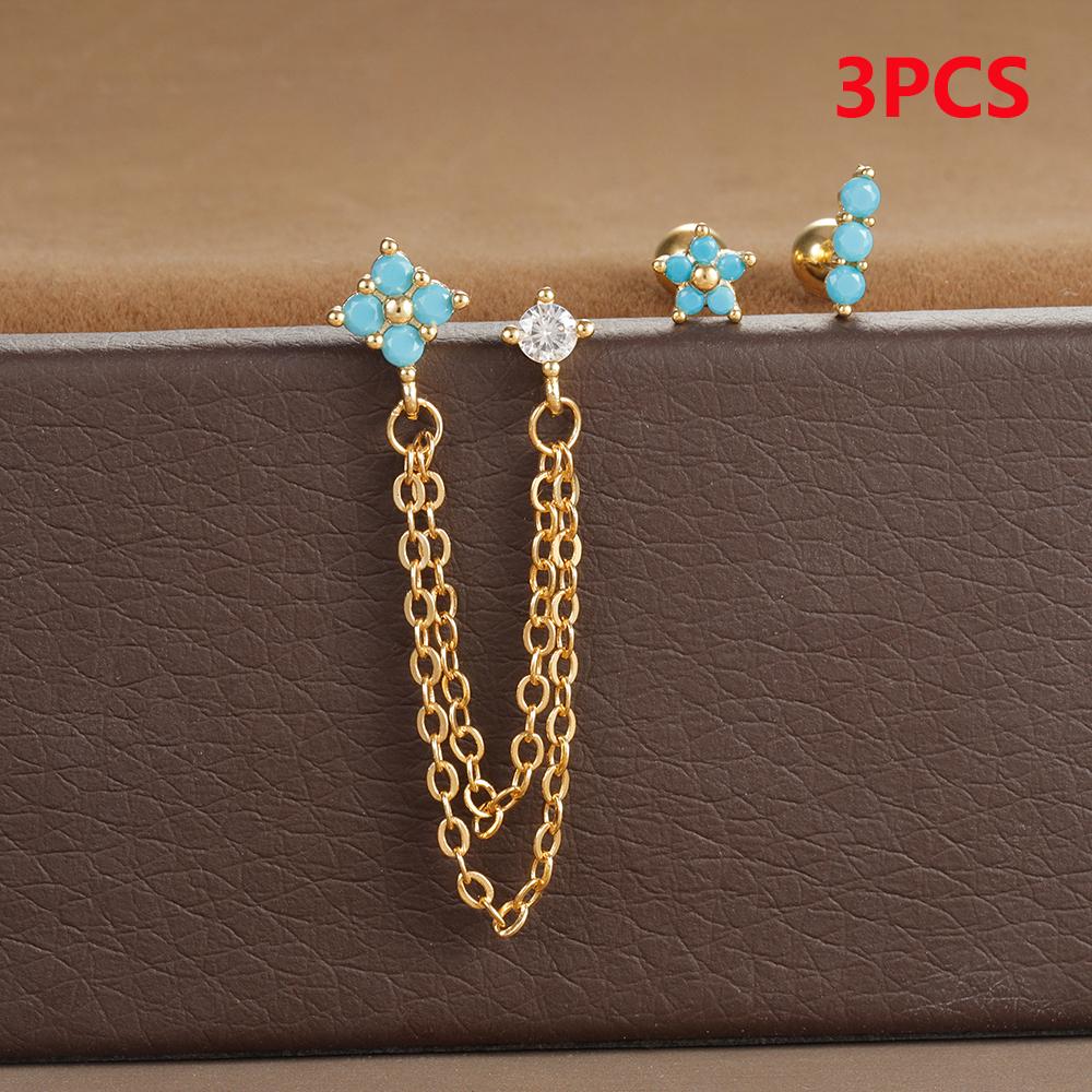 3PCS Vintage Zircon Flower Stud Earring Set For Women Stainless Steel Double Studs Chain Tassel Piercing Earring Fashion Jewelry