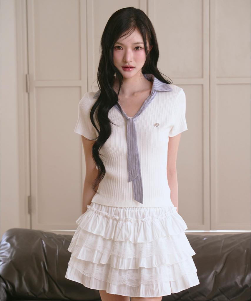 The Green Lab Lace Tiered Mini Skirt [White]