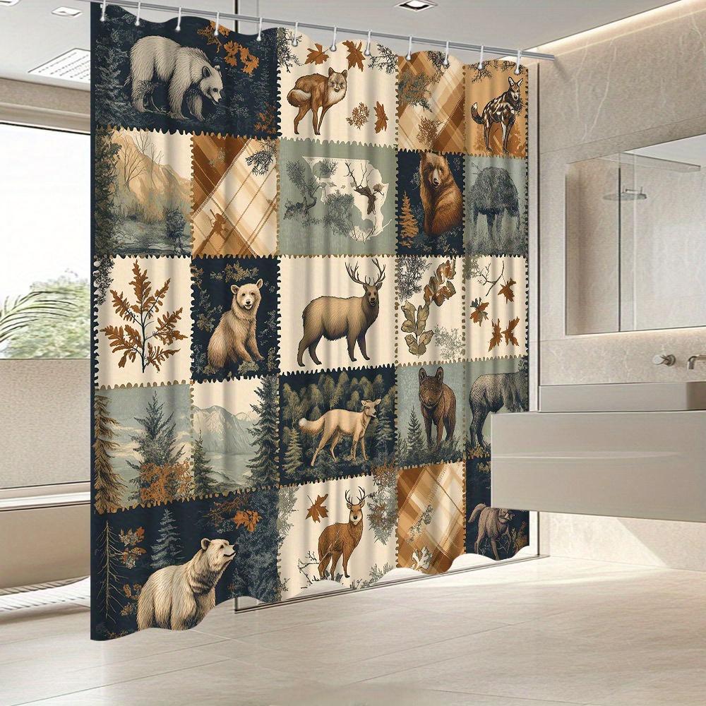 Vintage Animal Collage Shower Curtain - 4x4 Grid, Sepia-Toned Forest & Mountain Design, 70x70", 12 Rust-Proof Hooks, Polyester