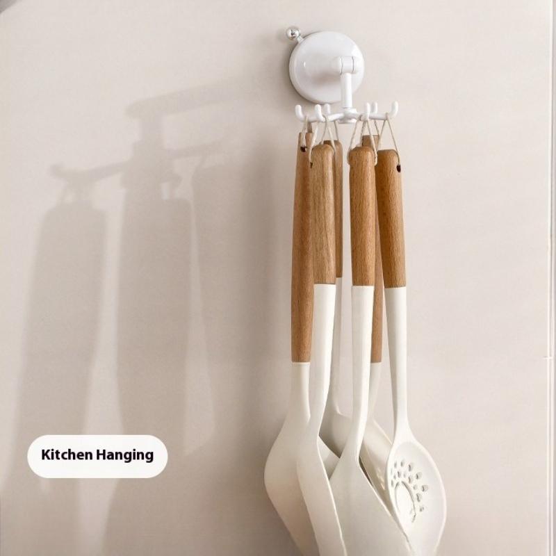 Kitchen Suction Cup Rotating Hook Plastic Rotatable Drill Free Cookware Spatula 6-Claw Suction Cup Wall Mounted Storage Hook