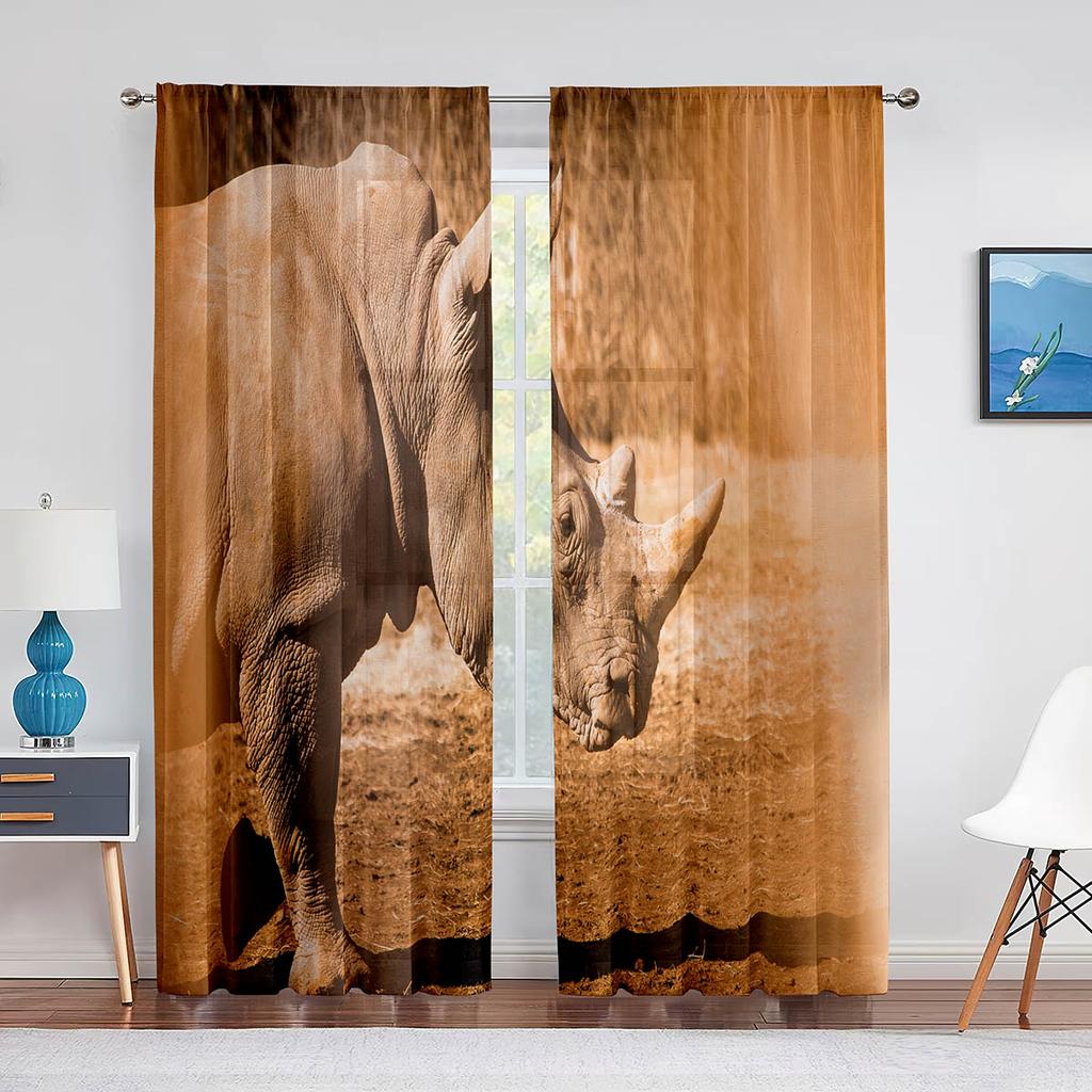 Wildtier Nashorn Grau Schwarz Tüll Vorhänge für Wohnzimmer Schlafzimmer Dekoration Transparent Chiffon Transparent Voile Fenstervorhang