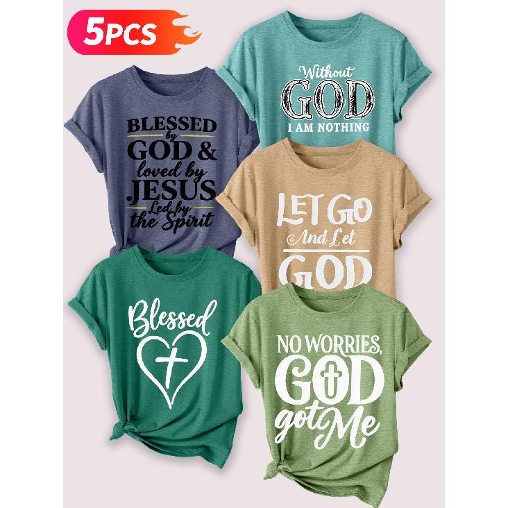 Follow a specific direction Five-piece set for women T Shirt Vintage Letter Print Summer Casual Elegant Women's Clothing Short Sleeve Top Essential